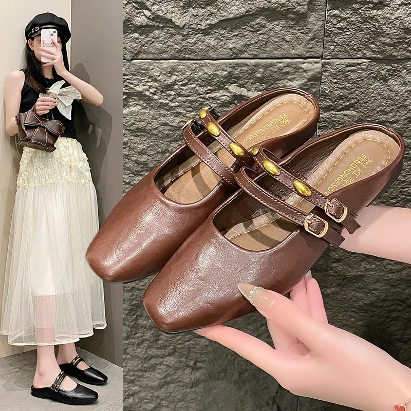 

2025 New Women Flats Slippers Summer Shoes New Trend Leather Shoes Casual Dress Comfort Slides Shoes Женская Обувь