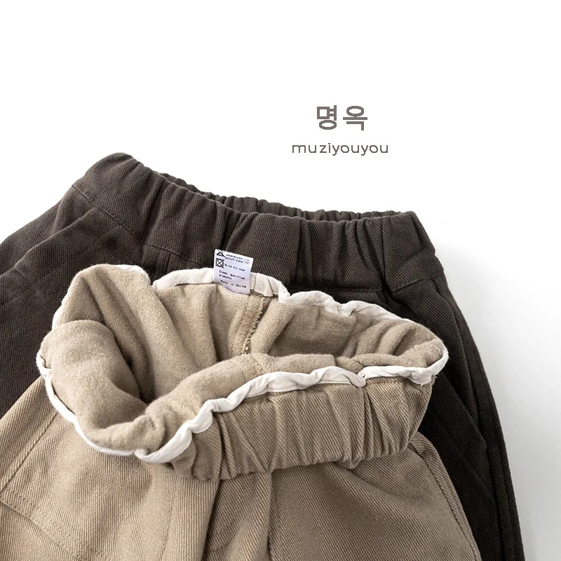 2025 شتاء جديد الأطفال الصوف السراويل الصلبة الفتيان زائد المخملية سميكة سراويل تقليدية القطن الاطفال الفتيات بناطيل تدفئة ملابس الطفل