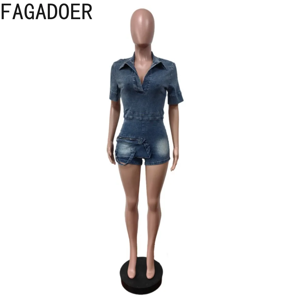 FAGADOER Fashion Cargo Pocket Patchwork Denim Romper Women Lapel Deep V Bodycon One Piece Jumpsuits Female Streetwear Overalls