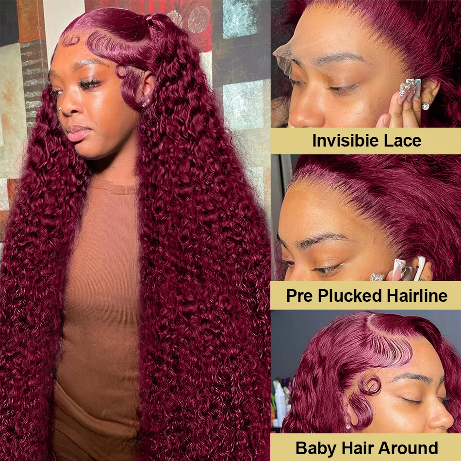 99J Burgundy 13x6 Deep Wave Lace Front Wig Water Wave Human Hair Red Color 13x4 HD Transparent Lace Frontal Curly Wigs For Woman