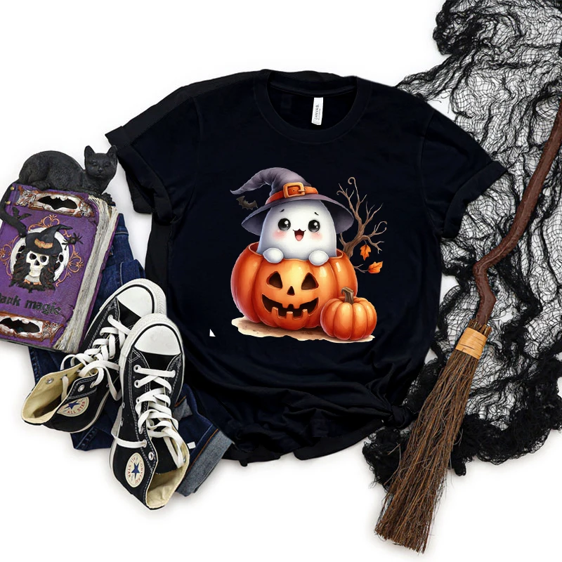 Camiseta divertida de manga corta para Halloween para mujer, camiseta gráfica de fantasma de calabaza, camisa de regalo de fantasma lindo, Tops clásicos de terror de Halloween Retro