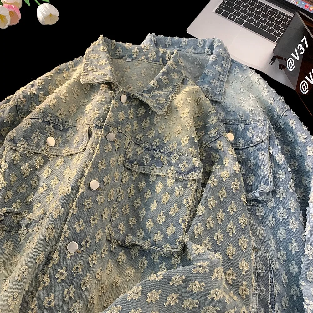 

Американский Sle, повседневная джинсовая куртка, мужская свободная посадка, осеннее модное пальто с цветочным узором, молодежная модная верхняя одежда из хлопка и полиэстера