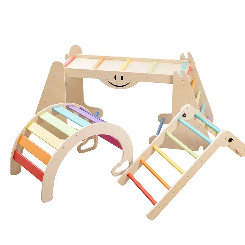 Foldable Rainbow Kid Baby Climbing Toys Indoor Gym Wooden Montessori Climbing Set Adjustable Height  Triangle for Toddlers