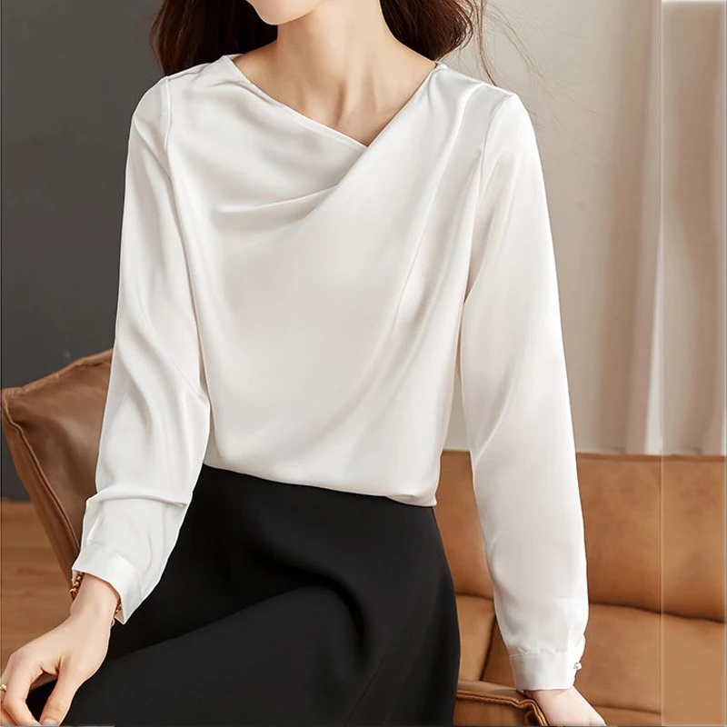 

Spring New Korean Version Versatile Slant Neck Long Sleeve Satin Shirt Women's Solid Color Irregular Design Elegant Top