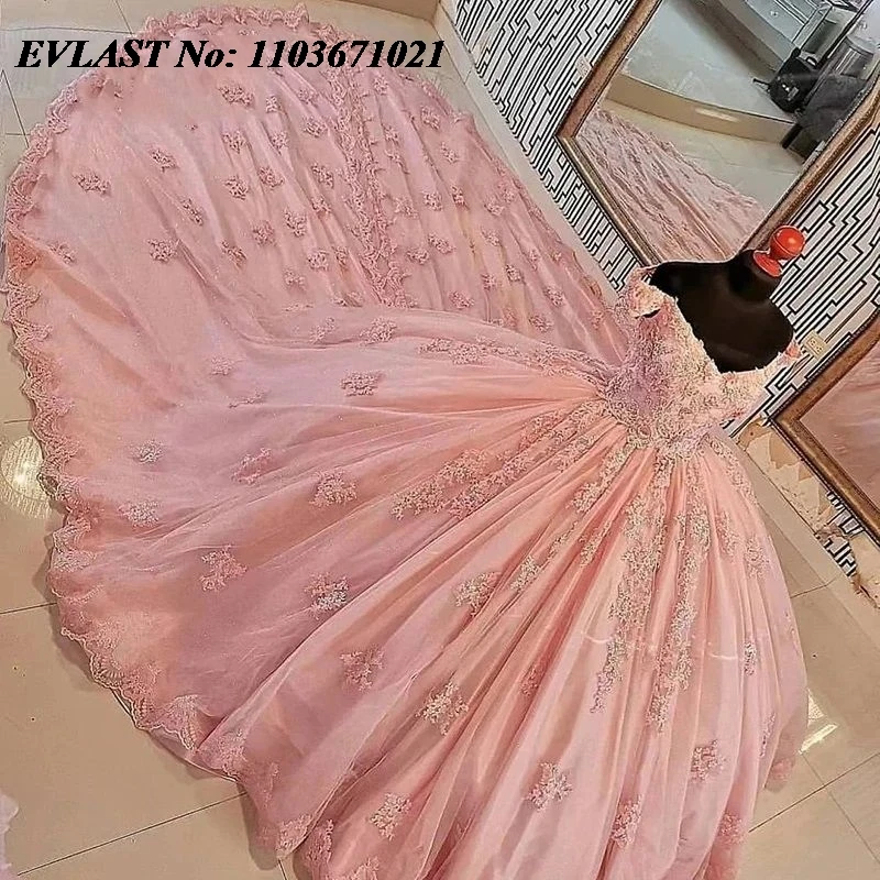 EVLAST gaun dansa merah muda Quinceanera gaun renda Applique manik-manik kristal Meksiko korset manis 16 Vestidos De XV 15 Anos SQ30