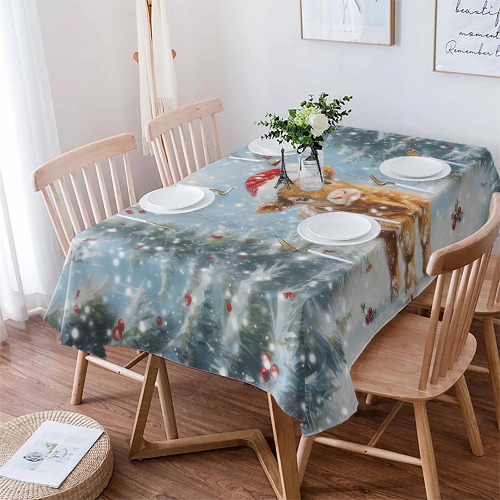 Christmas Highland Cow Pine Tree Tablecloths Waterproof Kitchen Coffee Table For Living Room Home Decor Dining Table