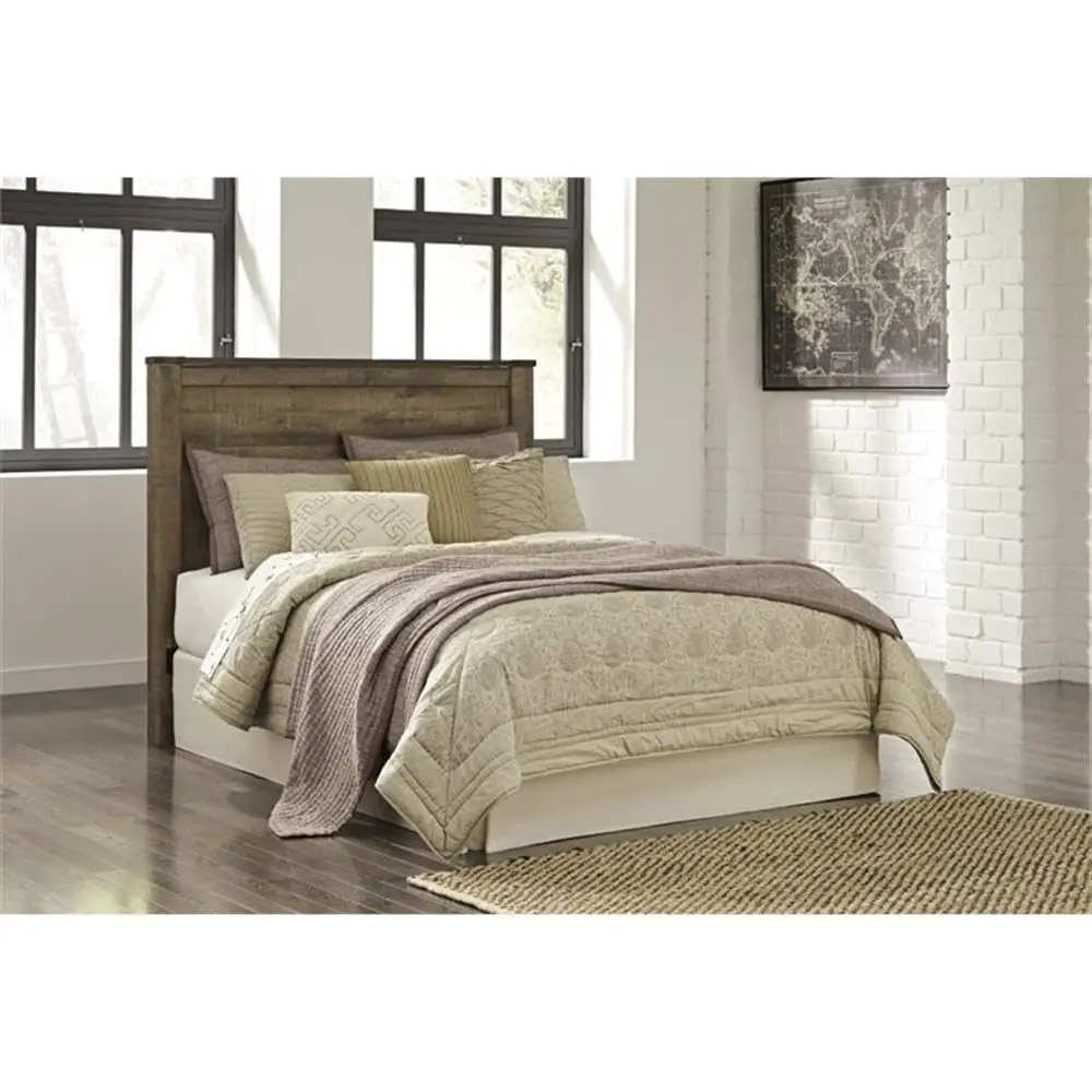 Queen Headboard Rustic Brown Veneer Wood Plank Nailhead Trim 53.82