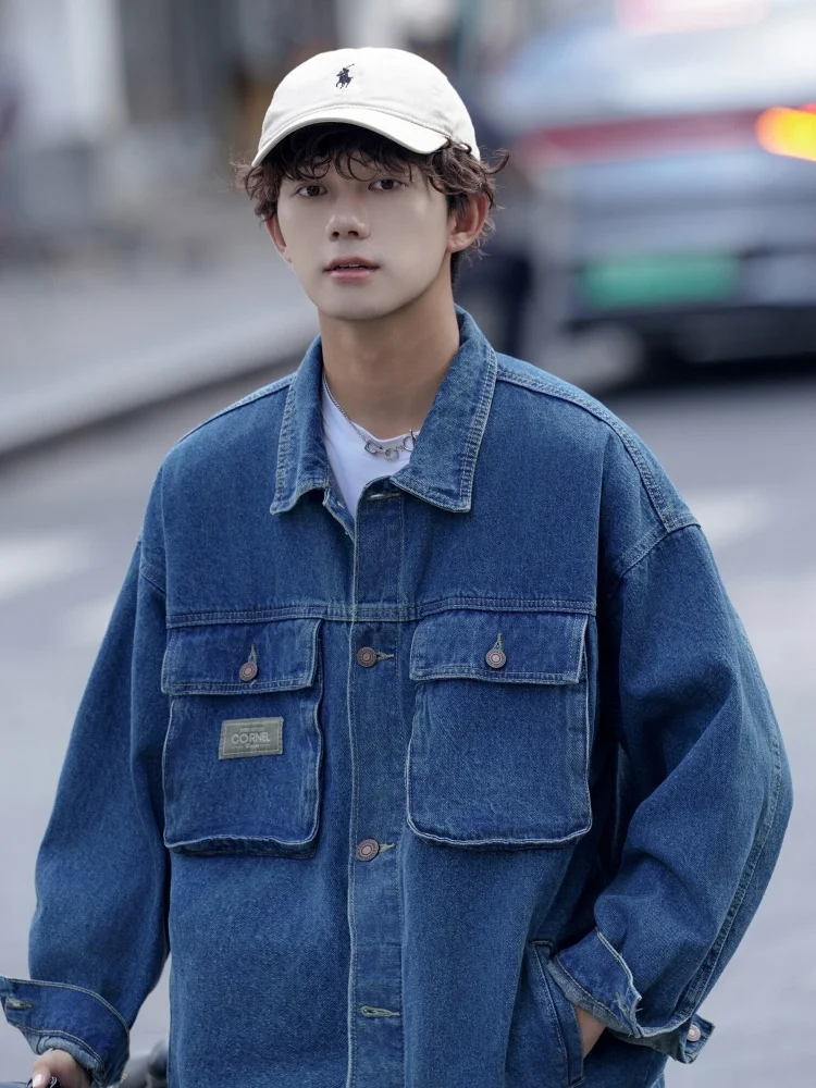 

Мужская рабочая куртка American Sle: джинсовая, весенне-осенняя, с воротником-стойкой, свободного кроя, с длинными рукавами, ветрозащитная, на одной пуговице