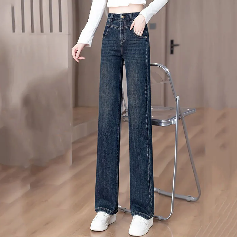 Moda retro jeans estreitos feminino nova cintura alta calças de cowboy primavera outono novo casual em linha reta perna larga denim calças femininas