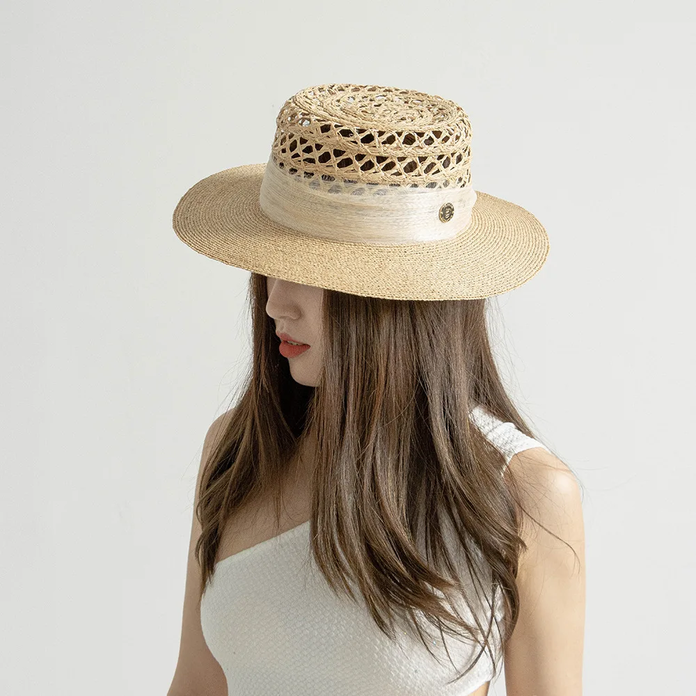 USPOP Summer Fashion Casual Hand-woven Hollow Top Raffia Sun Hat with Silk Linen Ribbon Flat Top Straw Hat Sunshade