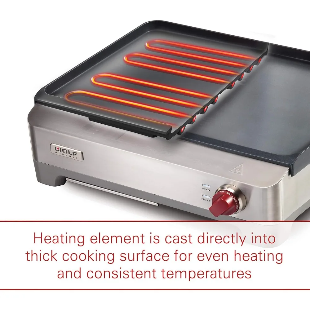 Electric Griddle, Indoor Grill, 200 sq. in, Nonstick Coating, Advanced Temperature Control, Stainless Steel, Red Knob