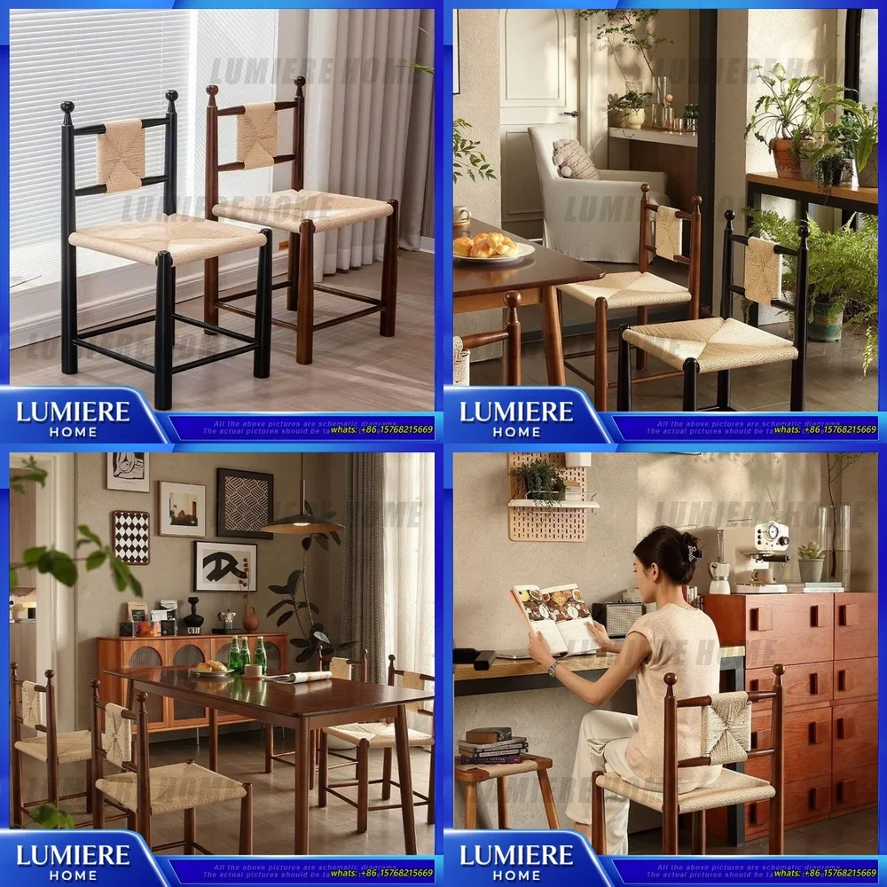 

Scandinavian Vintage Solid Wood Wicker Dining Chair Retro French Style Rattan Cafe Seating for Home Living Room Bistro Furniture
