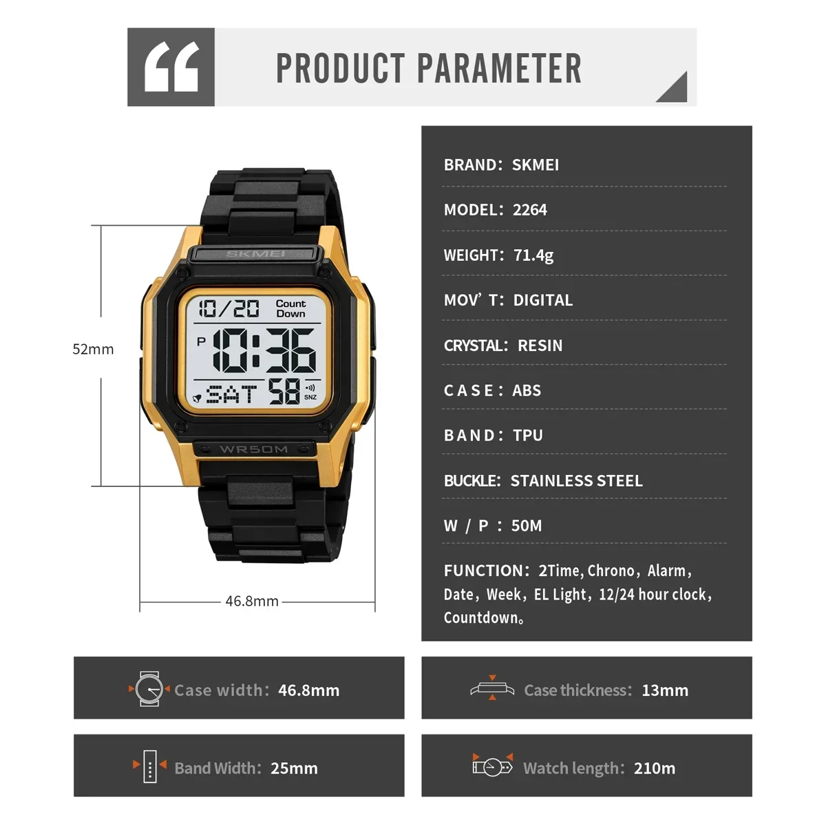 SKMEI 2264 Wristwatch for Mens 5Bar Waterproof Alarm Reloj Hombre Digital Sports Back Light Stopwatch Watches Casual Countdown