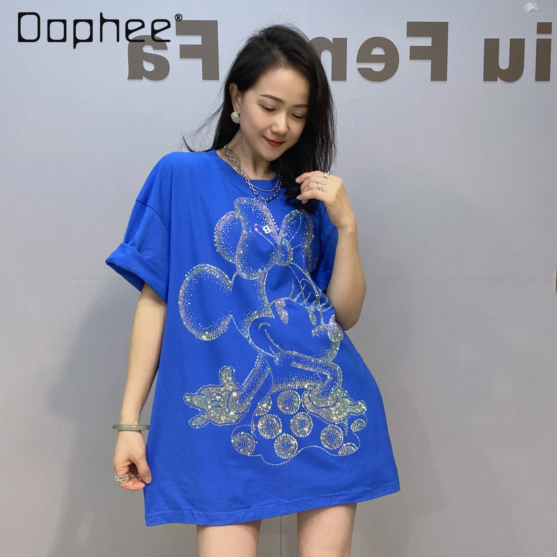 

Cartoon T-Shirt for Women Cotton Summer Short Sleeve Women's Clothing with Rhinestones Round Neck Half Sleeve Top