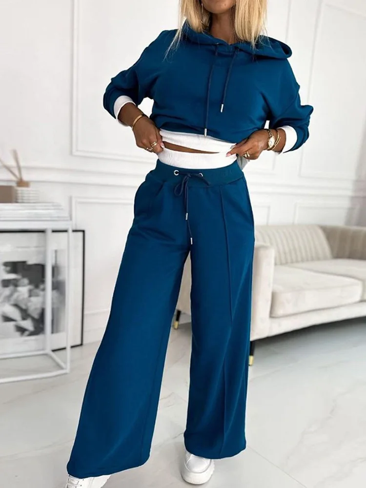 Women Elastic Waist Wide Leg Pants Outfit, Loungewear Patchwork Hooded Pullover Top Two Pieces Matching Sets, 2023 Autumn Winter