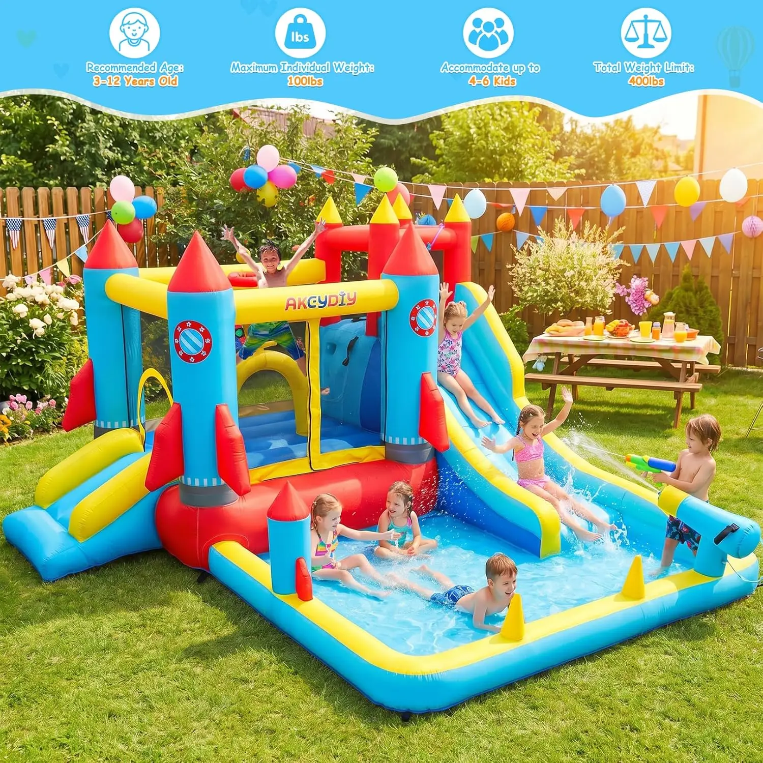 12-in-1 Inflatable Bounce House with Dual Water Slide, Climbing Wall, Punching Bag, Water Gun, Basketball Hoop, and 480W Blower, Indoor Outdoor Jump House for Kids view 6