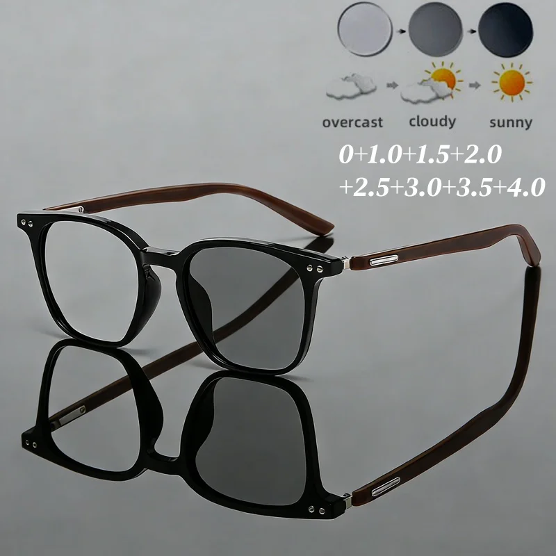 2026 Trendy Photochromic Reading Glasses Women Square Frame Color Changing Presbyopia Men Vintage Anti-UV Sunglasses 0+1.0+4.0