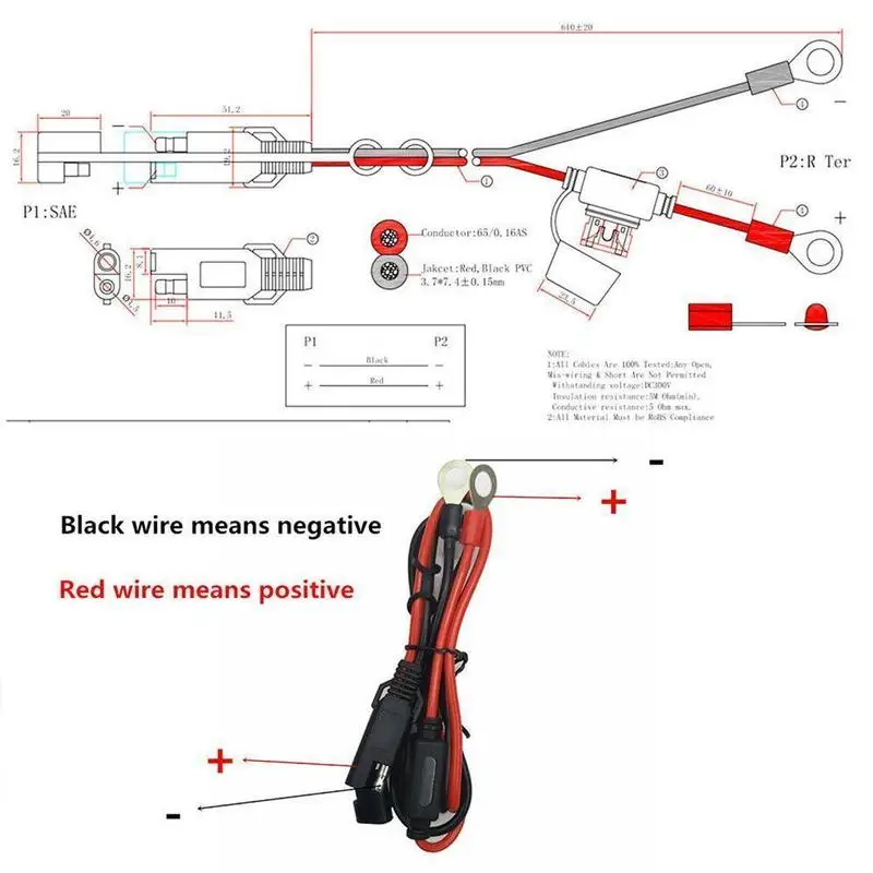 2Pcs Quick Release SAE Cable With Fuse Terminal O Connector Battery Charger Extension Adapter Wire 16AWG Terminal