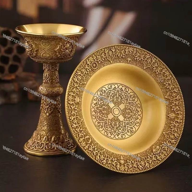 Tibetan Brass Manza Guardian Plate with Eight Auspicious Signs, Two-Layer Altar Holy Tray for Desktop Decoration