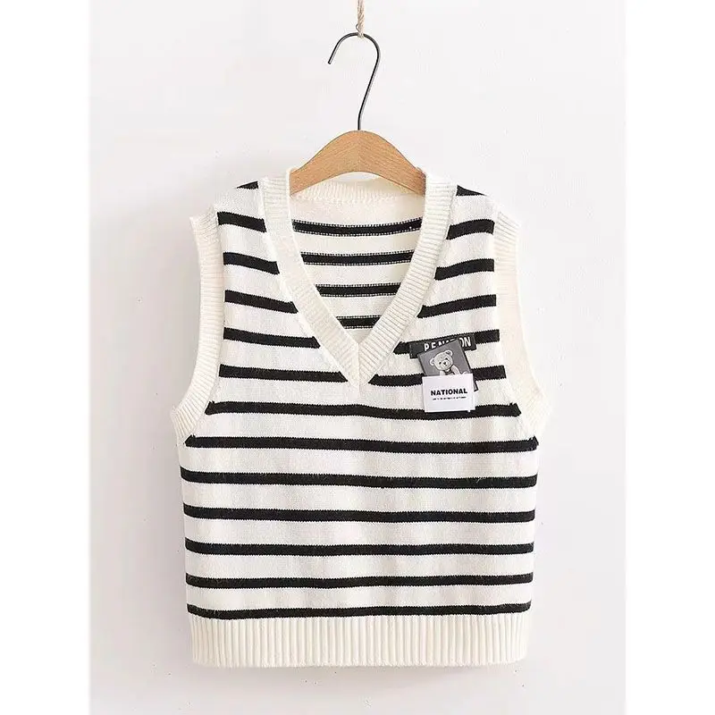 Women\'s Spring Autumn Preppy Style Knit Stripe Vest Shirts with Tie 1 or 2 Piece Set 2024 New Lady Casual Blouse Tank Sweater