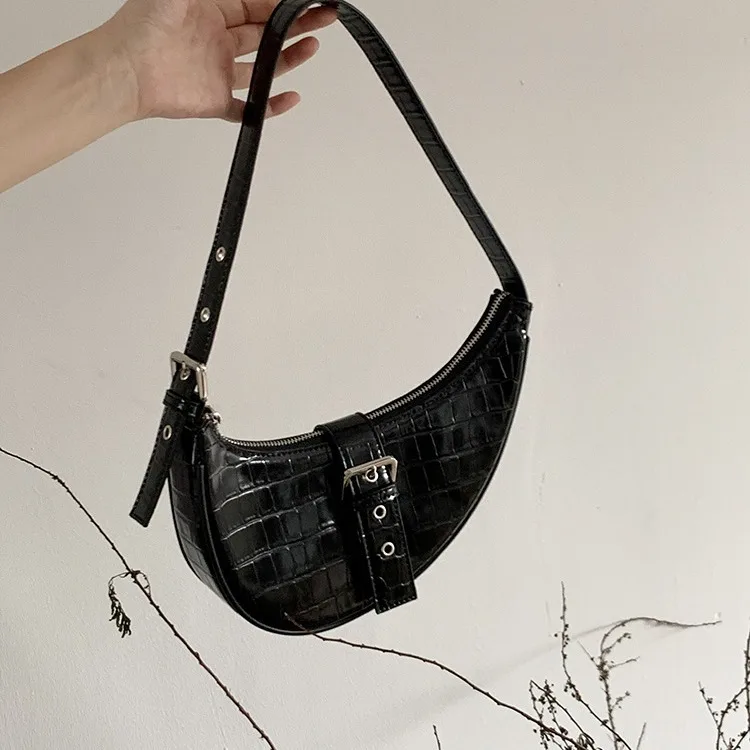 

New Women's Bag Fashionable Black Crocodile Pattern Single Shoulder Underarm Bag Versatile Trendy Handbag