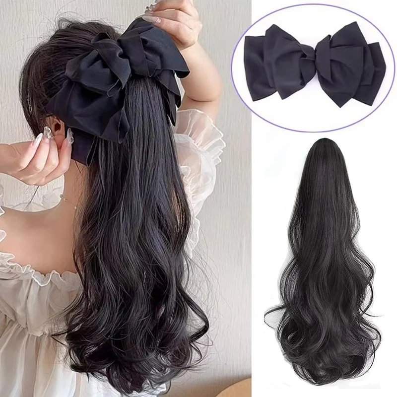 18Inch Synthetic Long Wavy Curly Ponytail With Bow Wig Claw Clip in Ponytail Hairpiece for Women