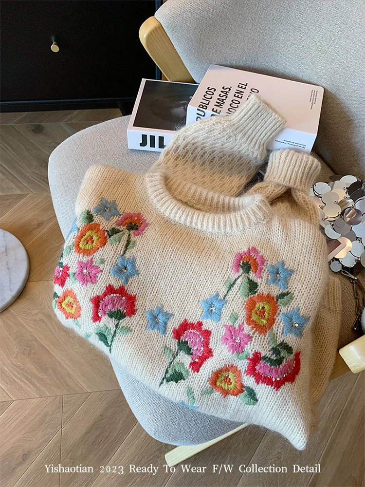 Harajuku Knitted Cashmere Top Women Classical Embroidery Floral Pullovers Sleeve Autumn Winter Sweater Korean Oversized Tops Y2K