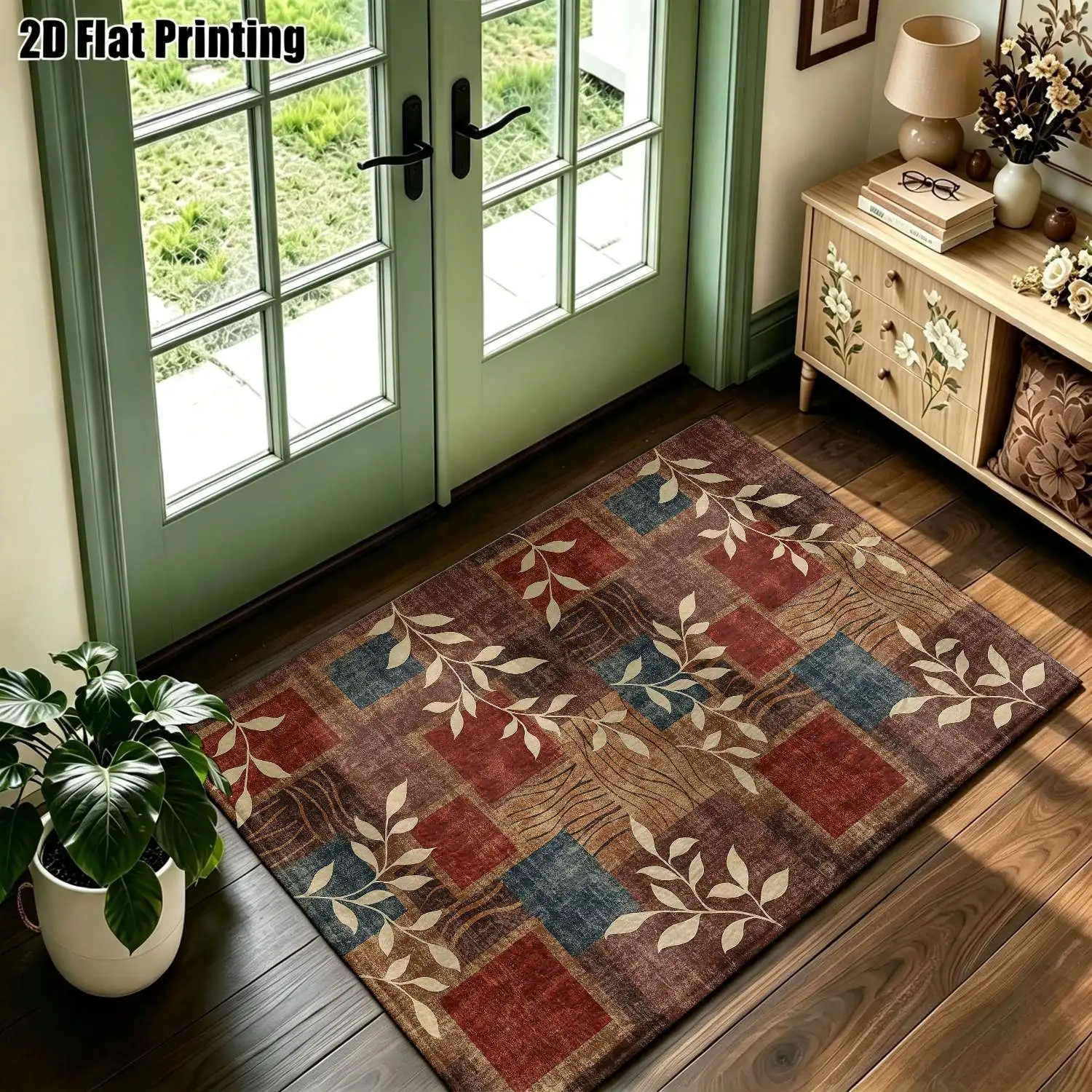 1Pc 2D Printed Carpet: Red-Brown Geometric Branches&Leaves Pattern European Vintage, Modern Minimalist, Nordic, Instagram Style Floor Mat, Home Decor, Multi-Size, Machine Washable, for Living Room, Bedroom, Dining Room, Entrance, Study.