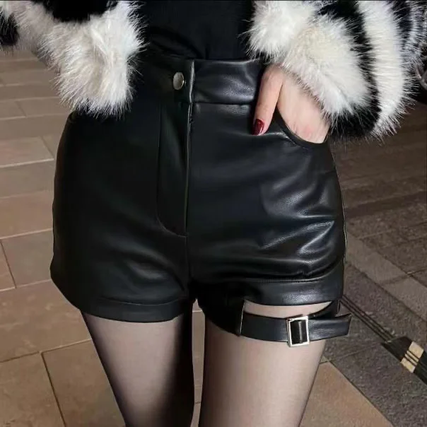 Black Washed Leather Belted Short Pants Women's Slim Fit Hollow out High Waist Commute Style Asymmetric Korean Version