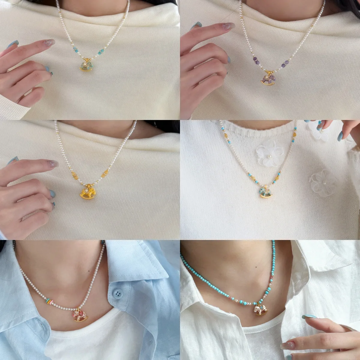 Original design Dopamine droplet oil wooden horse bead pearl set of necklace bracelet and ear rings wide color options