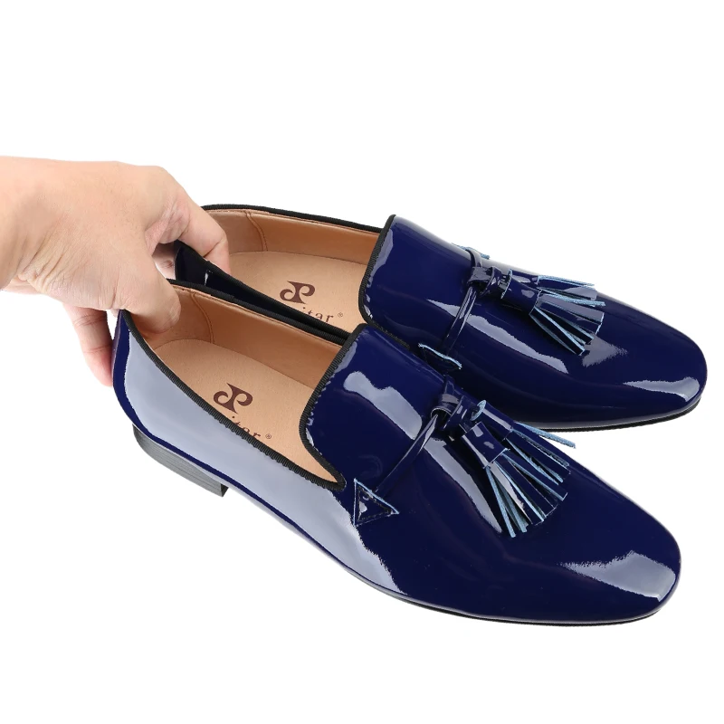 Piergitar 2024 New Model Royal Blue And Black Patent Leather Men's Tassels Shoes For Fashion Party Handmade Slip-On Loafers view 3