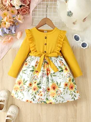 Casual And Comfortable Romantic Flower Pattern Flying Sleeve Long Sleeve Dress + Belt Spring And Autumn Style