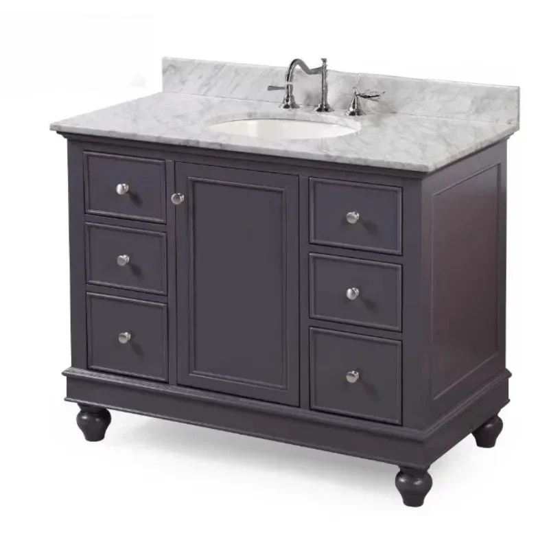 A  American Style Solid Wood Six-bucket Single Door Single Basin Hand Washing Cabinet Below 1 Meter Bathroom Cabinet