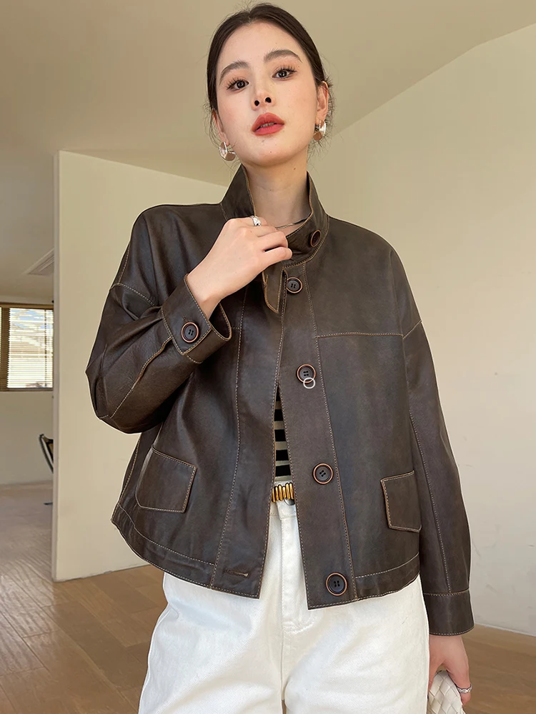 

Vintage Casual Short Genuine Leather Jackets for Women 2024 New Trend High-end Simple Stand Collar Natural Sheepskin Coat