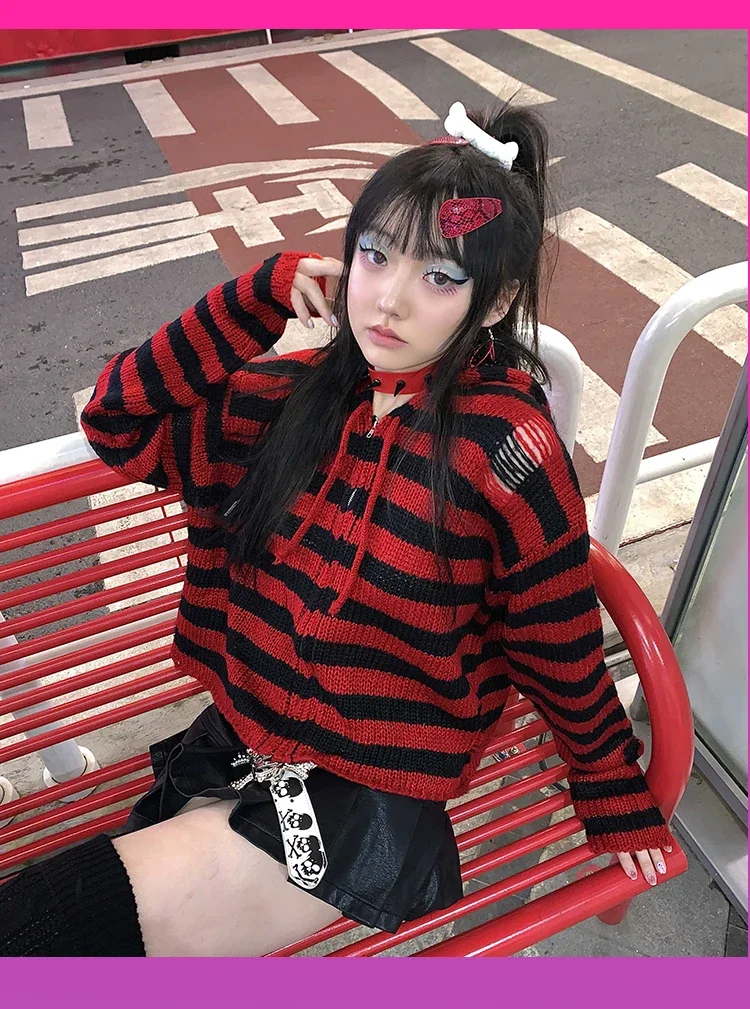 Ruibbit Harajuku Japanese Cropped Sweater Punk Striped Gothic Girls   Sweater Cardigan Coats