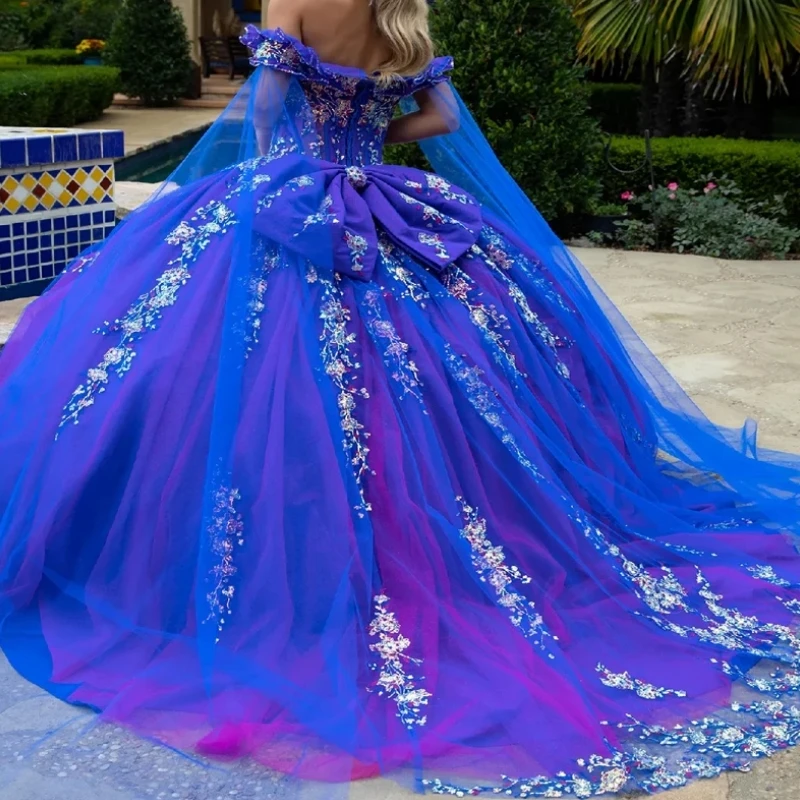 

Customized High Quality Blue Purple Quinceanera Dresses With Sleeve Wrap Flower Applique Bowknot Puffy Birthday Party Dress 15