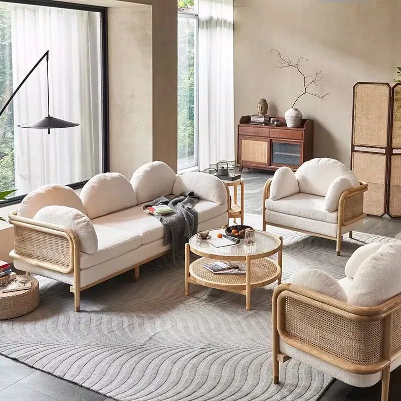 #Simple cream rattan sofa set 3-piece set - hand-woven wicker frame with plush seat cushion, suitable for living room