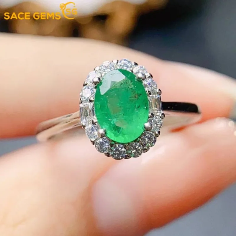 

SACE GEMS Fashion 925 Sterling Silver 5*7mm Natual Emerald Luxury Rings for Women Created Wedding Engagement Party Fine Jewelry
