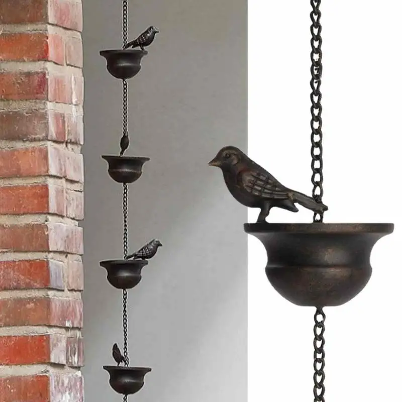 Chain Rain Creative Birds On Cups Metal Rain Catcher Gutter Roof Rainwater Catcher Chain Drainage Downspout Tool Outdoor Decor