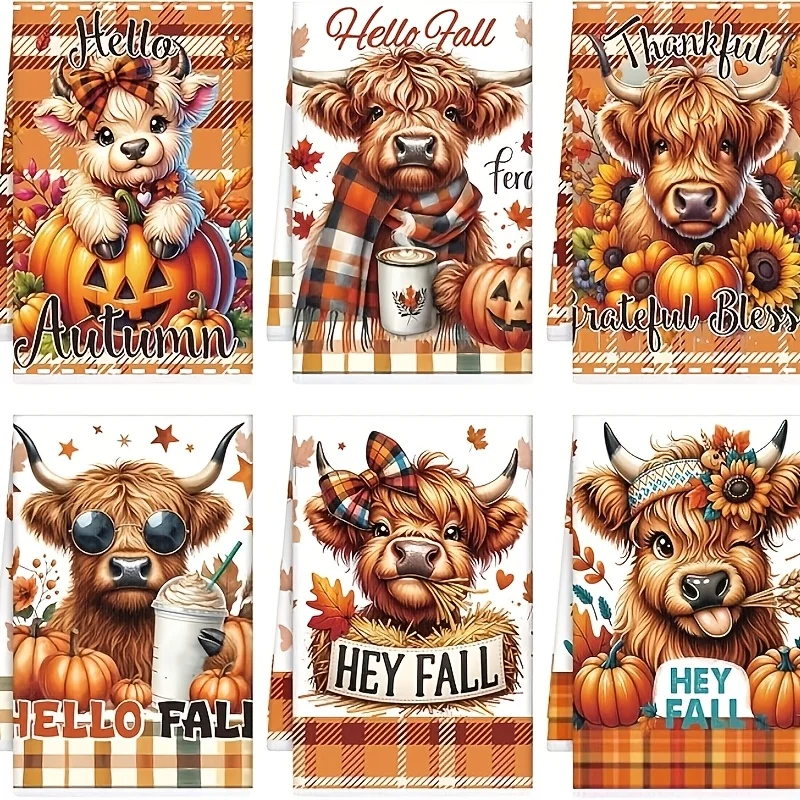 Highland Cattle Autumn Kitchen Towel Set 6; Autumn Pumpkin Maple Leaf Pattern Dishcloth for Cooking and Cleaning