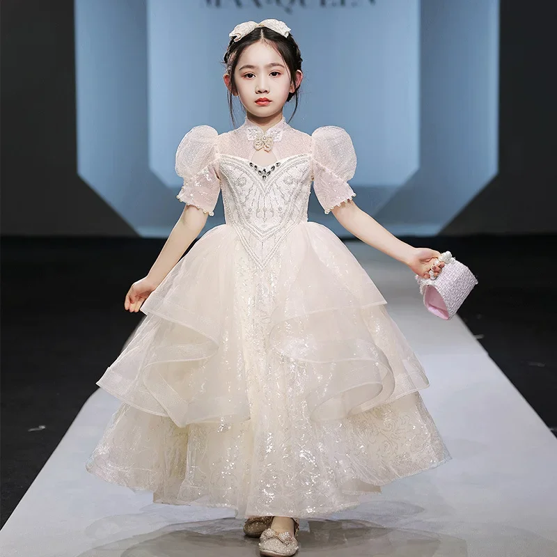 

Pageant Princess Elegant Dress for Kids Wedding Long Evening Gowns Flower Girls Matching Outfit Children Luxurious Party Clothes