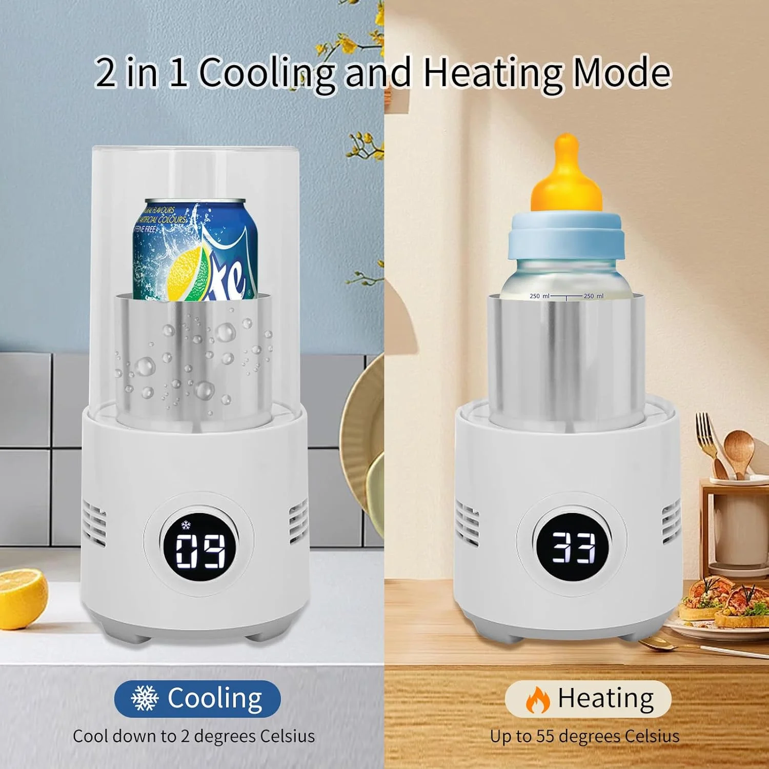 Smart Portable 2 in 1 Cool and Heat Cup, Beverage Cooler, Coffee Warmer, 2°C~55°C Fast Cooling or Heating, Lightweight Desktop