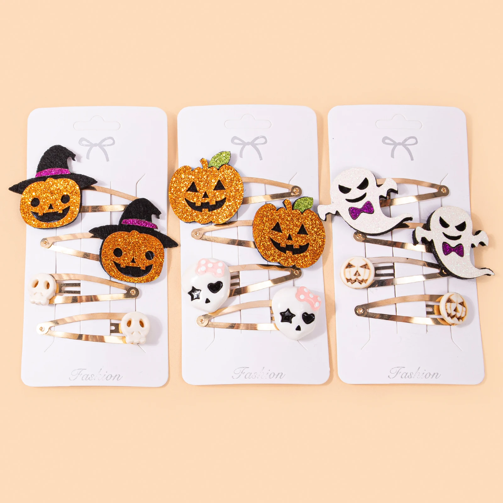 1 set, Halloween Sparkling Hair Clip Set, Pumpkin Ghost Head Bone Bat Pattern Felt BB Hair Clip. view 5