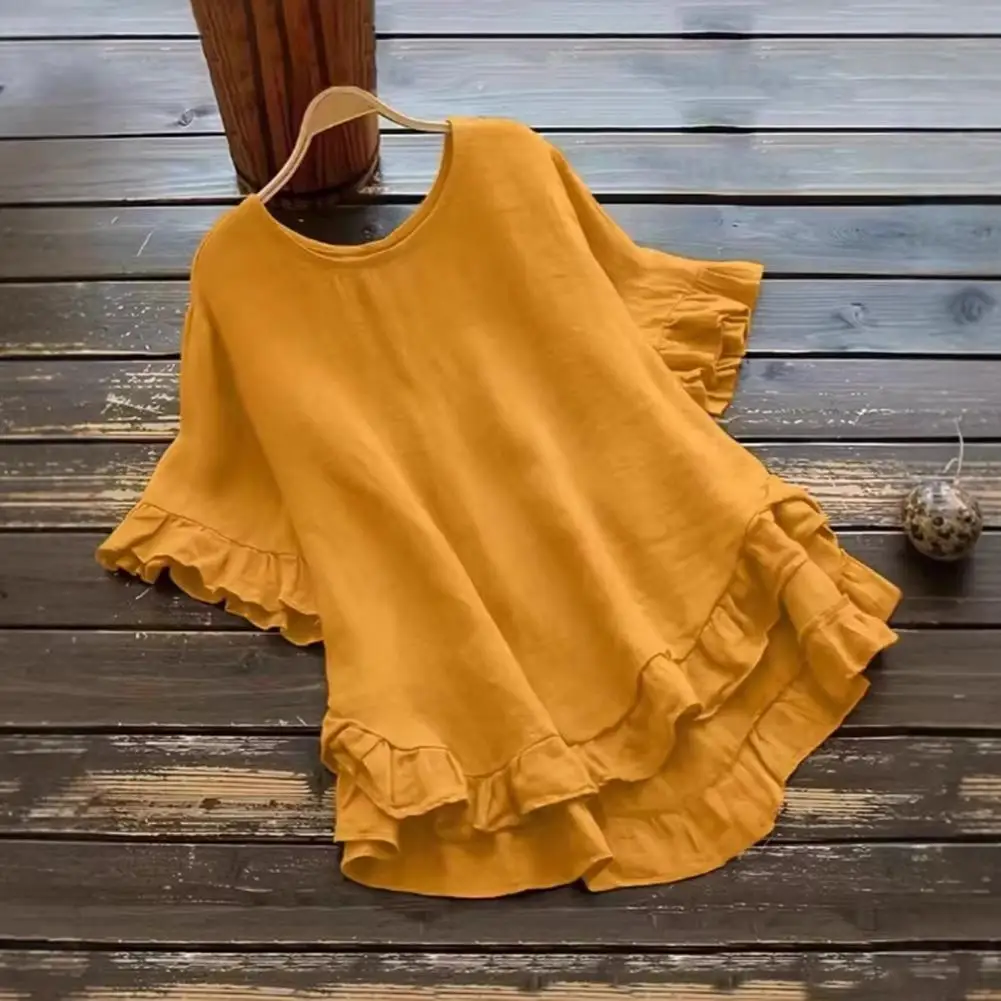 

Винтажные топы с рюшами по низу, женские повседневные офисные блузки, элегантные однотонные рубашки с круглым вырезом, свободные туники, летние женские блузы