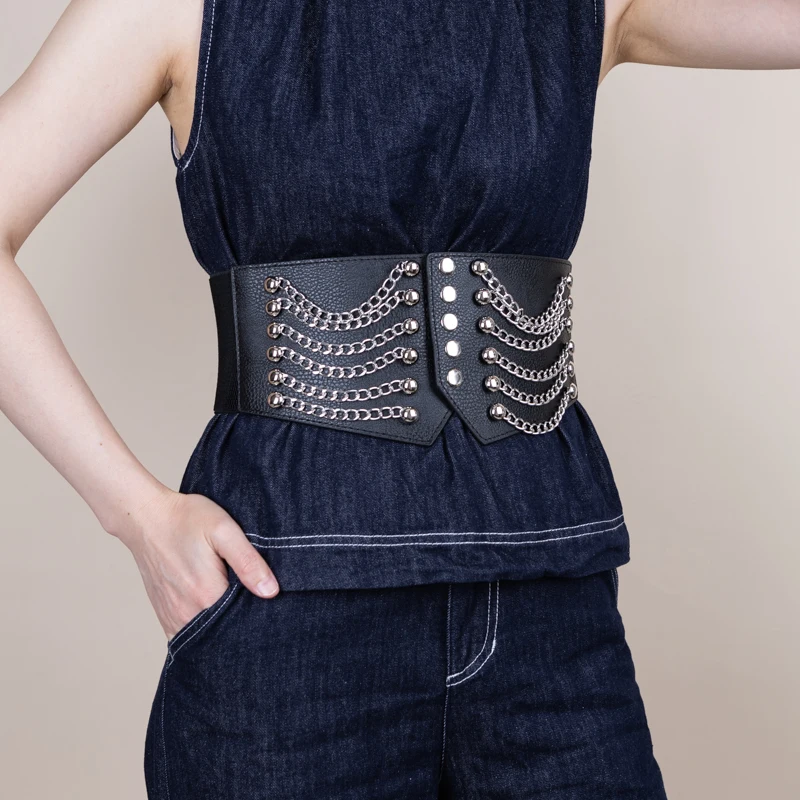 

Ladies' Chain Rivet Punk Performance Elastic Girdle Waist Decorate Corset Wear Oustide Jeans Dress Accessories Belts For Women