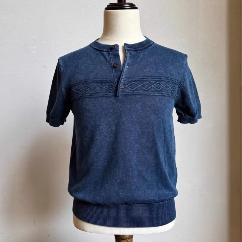 Lässiges, amerikanisches Retro-gewaschenes, Stonewashed Distressed-Strick-Kurzarm-T-Shirt für Herren im Amekaji-Stil