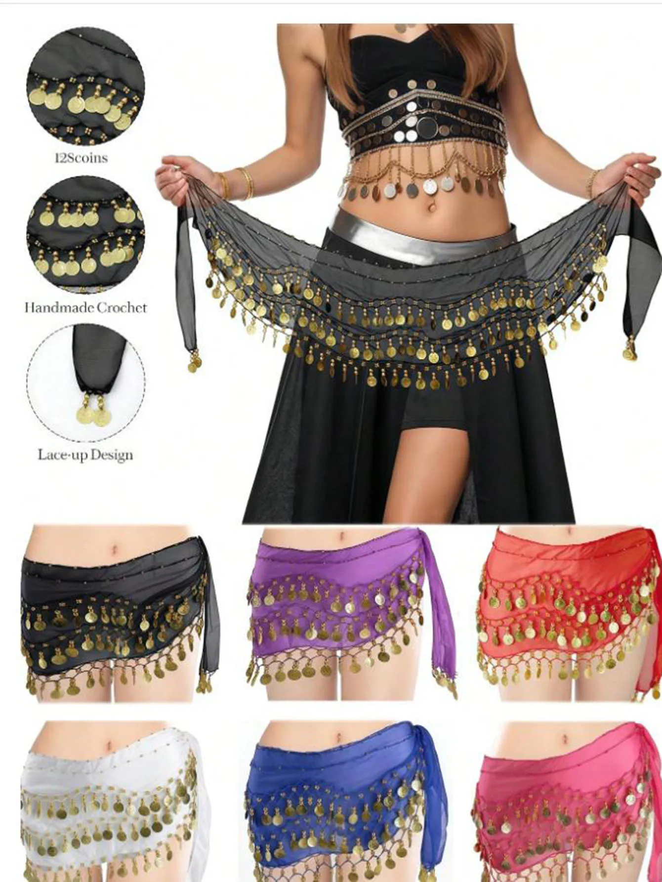 1pc ベリーダンサーヒップスカーフ、コインで包まれた甘いベリーダンススカート、エジプトスタイルのベリーダンスコスチュームヒップスカーフベルト
