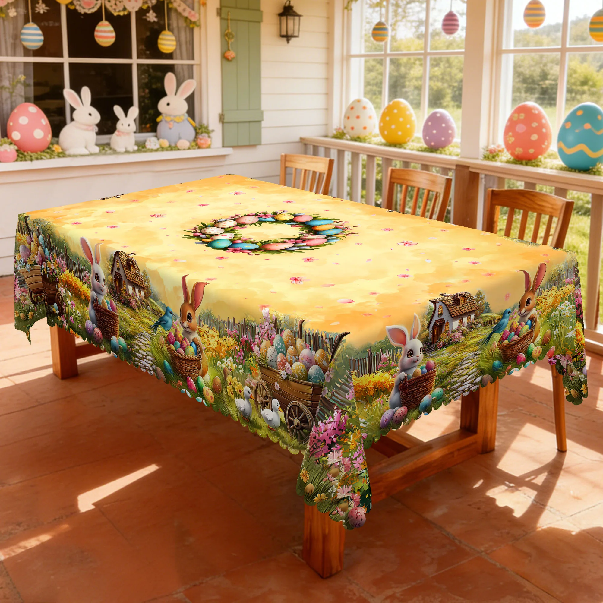 1 Piece Easter-Themed Round Tablecloth, Available in 5 Sizes, Colorful Easter Bunny and Egg Floral Cluster Print Round Tablecloth, Embossed Edge Craftsmanship, Easter Spring Garden Tablecloth Decoration, Suitable for Everyday Home Kitchen and Patio Use, Easter Decoration Gift