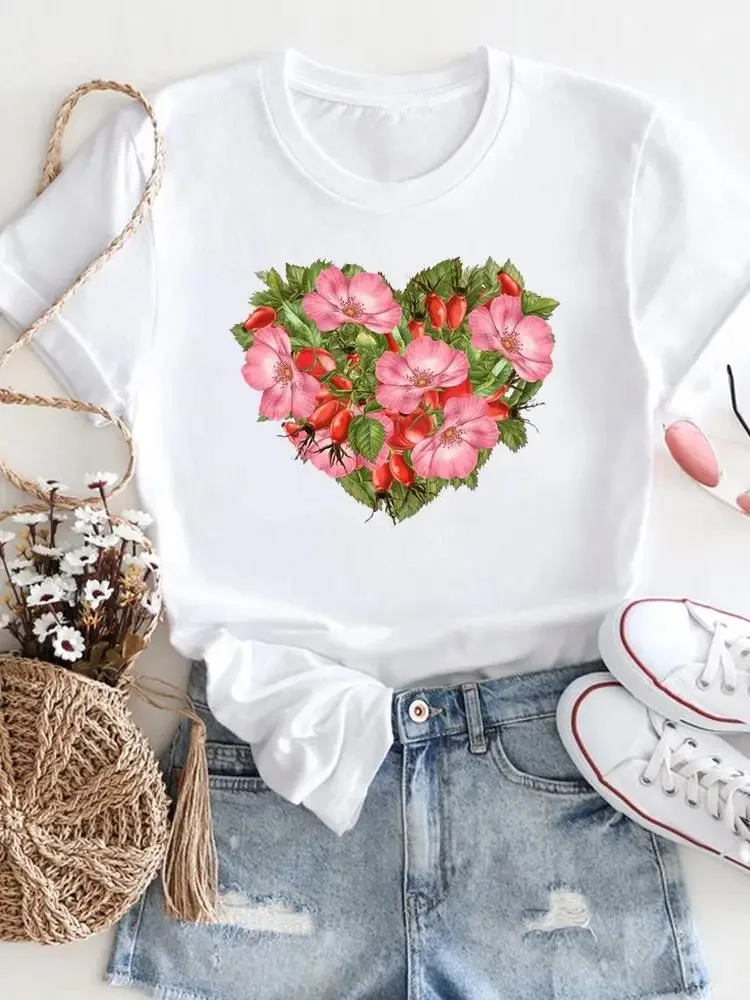 Women'S T-Shirt Summer Short Sleeve O-Neck Fashion Casual Floral  Printed T-Shirt White Top 2024 New Plus-Size Garment Top