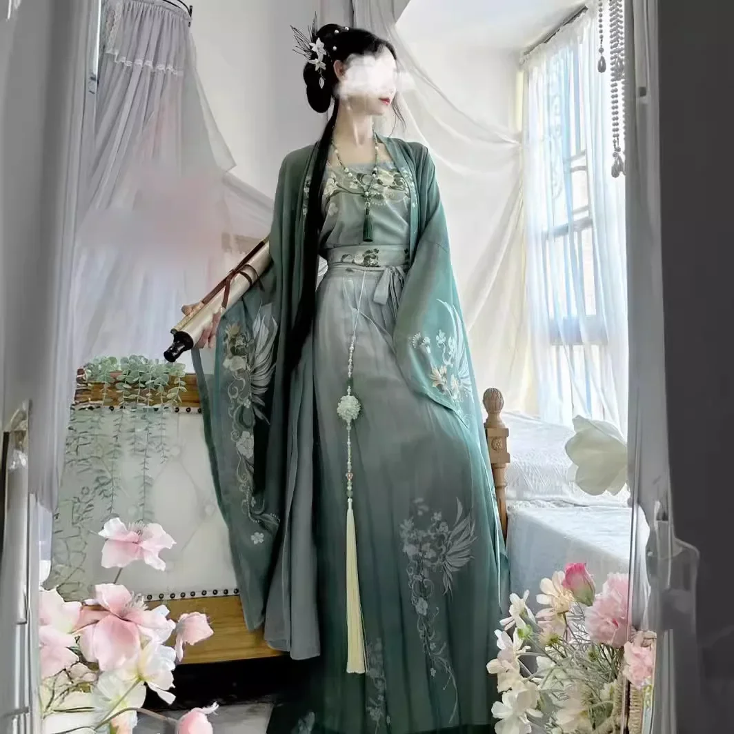 Hanfu Dress Women Chinese Traditional Vintage Hanfu Female Halloween Cosplay Costume Printed Hanfu Green 3pcs Sets Plus Size XL